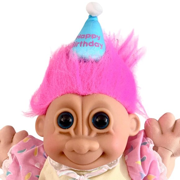 Vintage Russ Berrie Troll Doll Pink Hair Birthday Outfit Plush Body Plastic Face - Picture 2 of 10